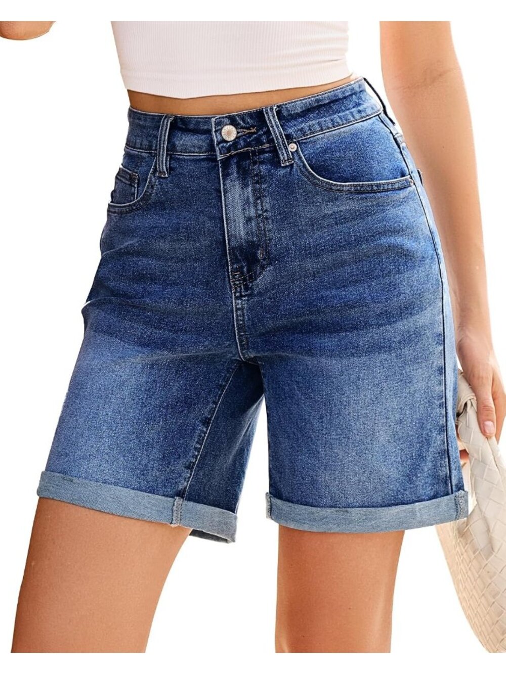Women's Blue High Waisted Fold Hem Stretchy 5 Basic Pocket Long Denim Shorts